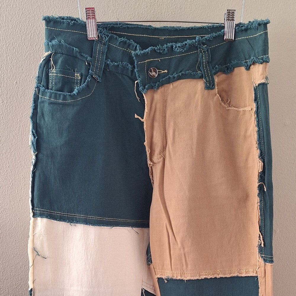 Women's High Waist Straight Leg Denim Patchwork Jeans with Frays Size L/XL